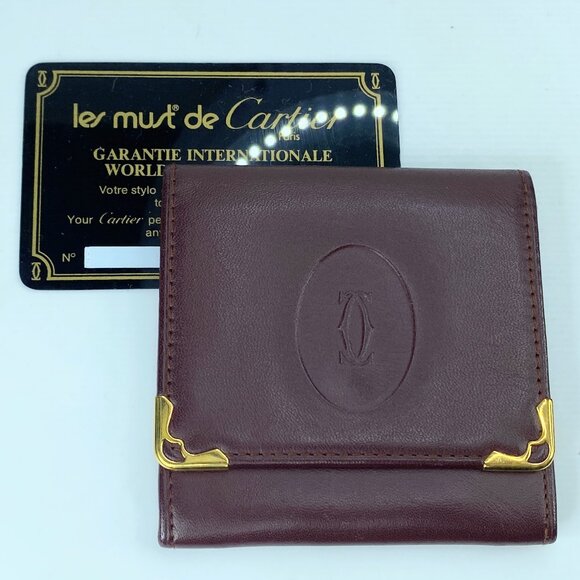 Authentic Cartier Mustline Coin Case Coin Purse Leather Bordeaux GS423 - Picture 1 of 12